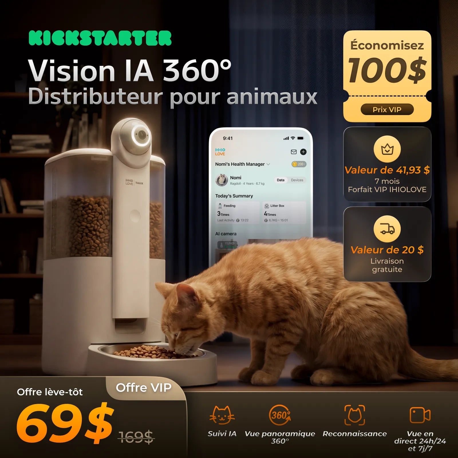 HHOLOVE YUNO | Le premier distributeur connecté pour animaux avec IA et caméra 360° au monde – Réservation avec acompte